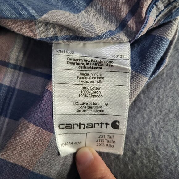 CARHARTT Men's 2XL Tall Plaid Long Sleeved Shirt Relaxed Fit Blue - Picture 8 of 9